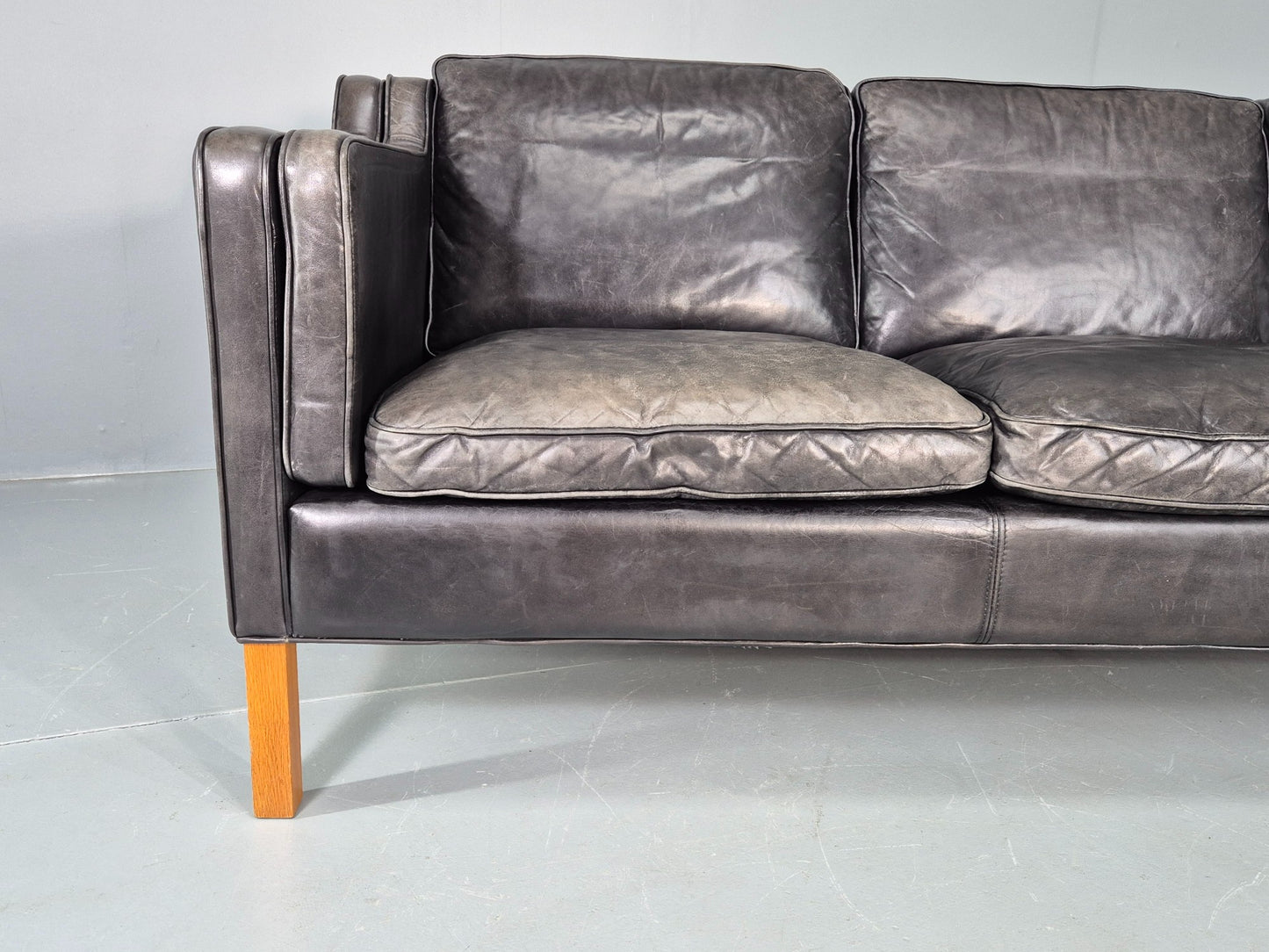Vintage Stouby 3 Seat Sofa Black Leather 1980s Retro MCM Mogensen Style EB12427