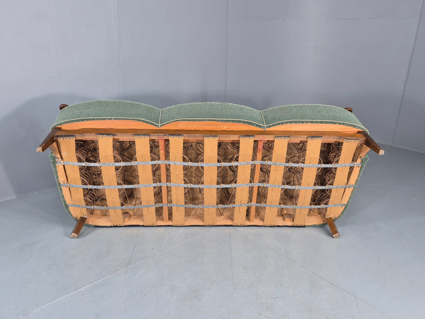 Danish 1950s 3 seater Sofa Shell Back Green Moquette Curved Front EB12768