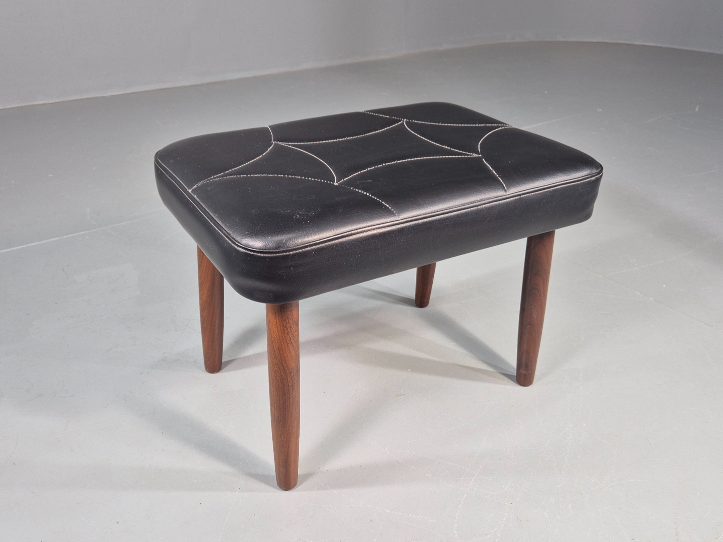 Vintage Mid Century Footstool Danish Black Vinyl Teak Legs Stitch Detail EB12031