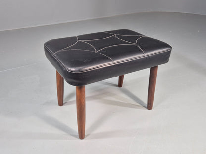 Vintage Mid Century Footstool Danish Black Vinyl Teak Legs Stitch Detail EB12031