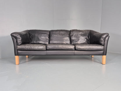 Vintage 3 Seat Sofa Danish Black Leather 1980s Retro EB8626 M3SS