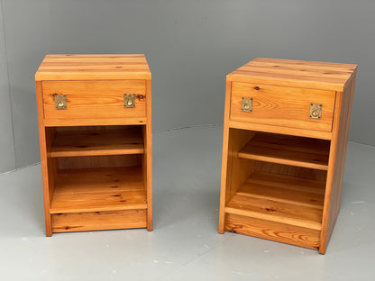 Vintage Pine Bedside Cabinets Pair 1970s Retro Drawers Brass Handle EB12904