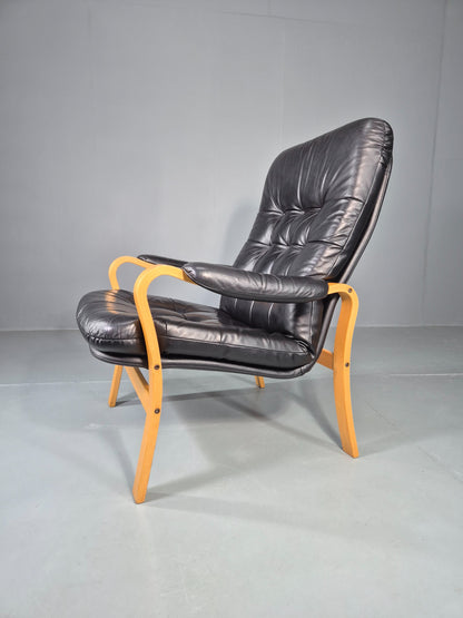 Vintage Danish Faux Leather Lounge Chair Bent Wood Frame 1980s Retro EB13074