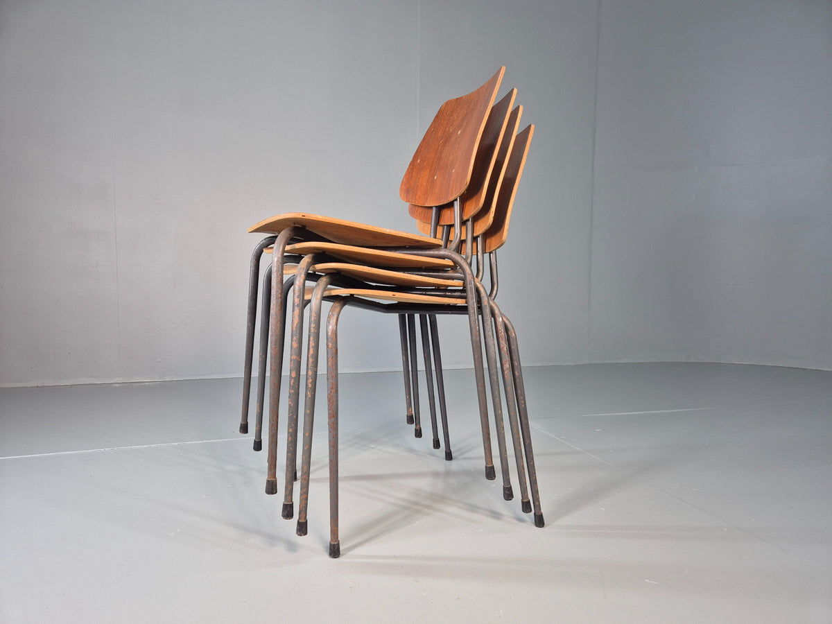4 Vintage Danish Industrial Steel and Ply Stacking Chair 1960s Retro EB12655