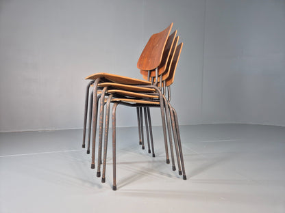 4 Vintage Danish Industrial Steel and Ply Stacking Chair 1960s Retro EB12655