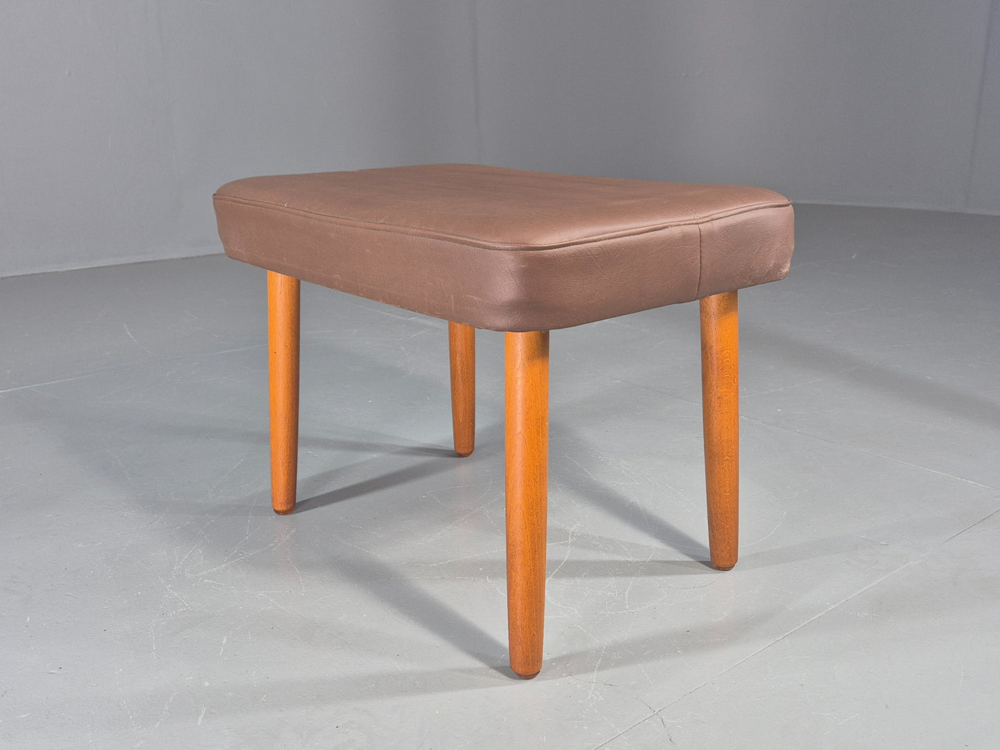 Vintage Danish Mid Century Footstool Brown Vinyl Beech Legs Retro 1960s EB12090