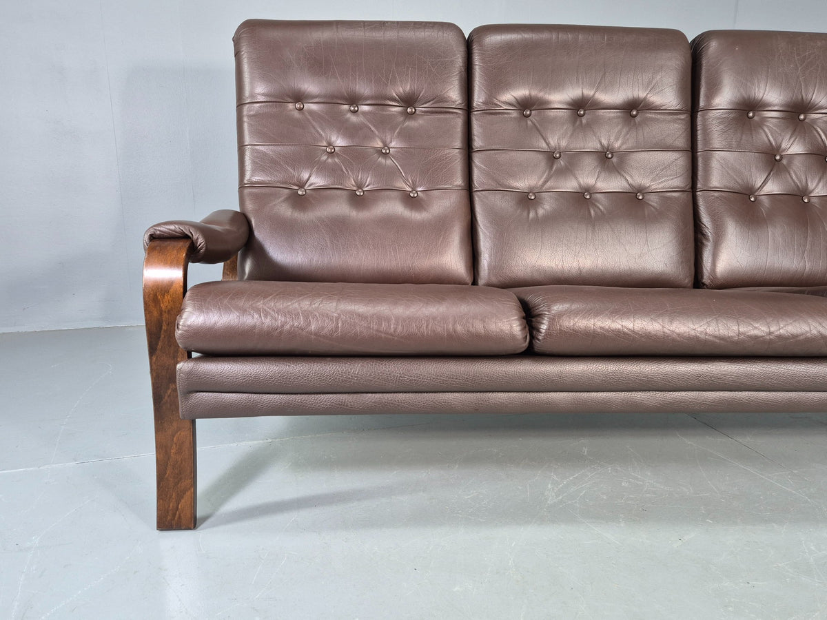 Vintage Danish 3 Seat Sofa Brown Leather Bentwood Frame 1980s Retro MCM EB13062