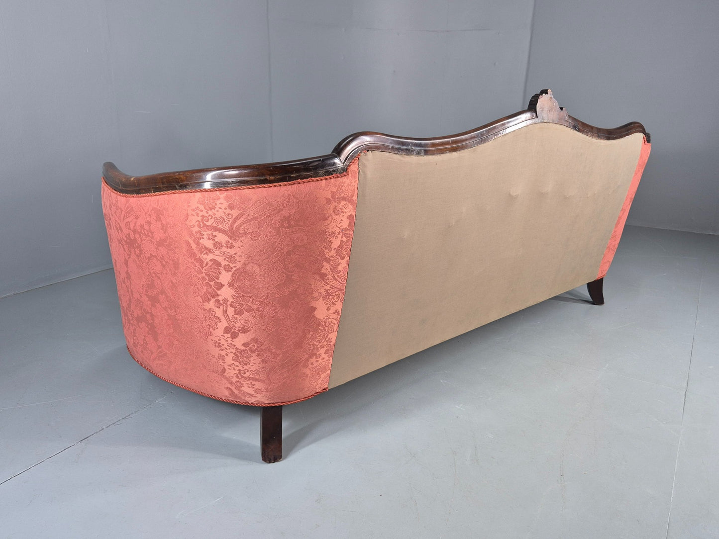 Vintage Danish Art Deco 3 Seater Sofa Carved Hardwood Frame Pink Damask EB12742