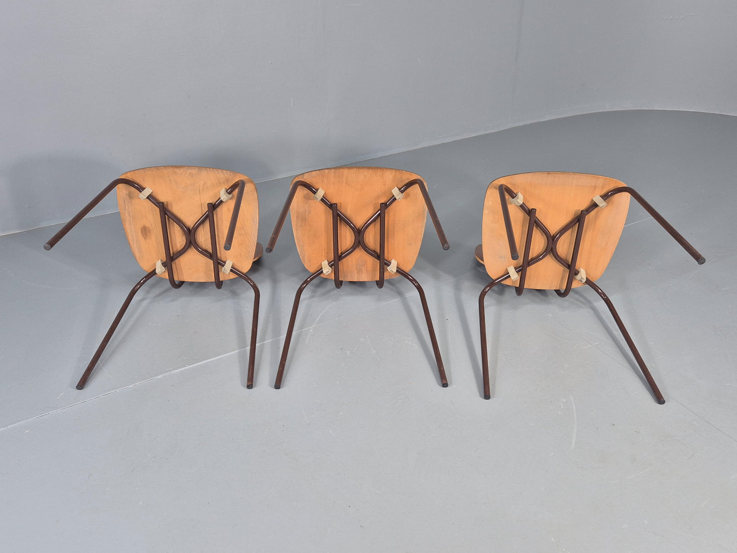 3 Vintage Danish Stacking Chairs Industrial Design Steel Teak Retro 60s Eb12491