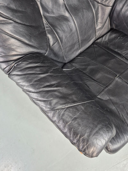 Vintage Danish Swivel Recline Chair Black Leather Bentwood 1980s Retro EB9254