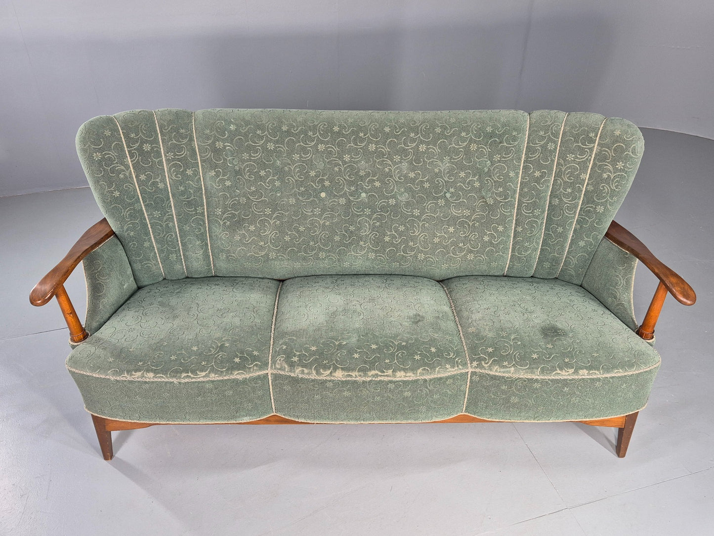 Danish 1950s 3 seater Sofa Shell Back Green Moquette Curved Front EB12768