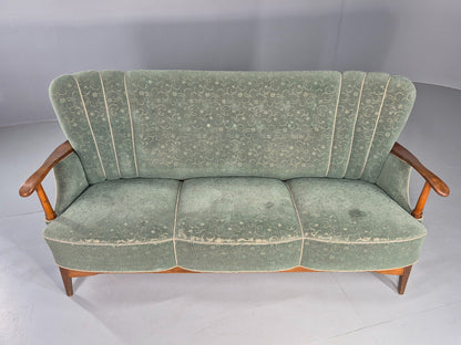 Danish 1950s 3 seater Sofa Shell Back Green Moquette Curved Front EB12768