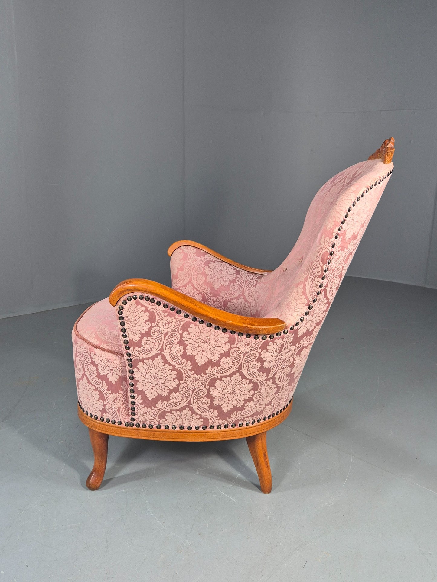 Vintage Danish Rococo Style Arm Chair Pink Floral Damask 20th Century EB12704