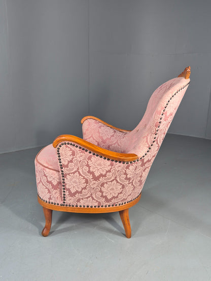 Vintage Danish Rococo Style Arm Chair Pink Floral Damask 20th Century EB12704