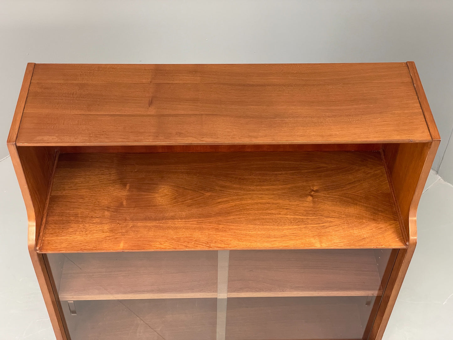 Vintage Bookcase Walnut 1960s Retro Midcentury Glass Doors Shelving EB12607