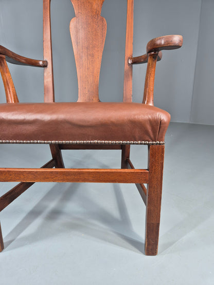 Antique Georgian Elbow Chair Mahogany Frame Leather Seat Splat Back EB11933
