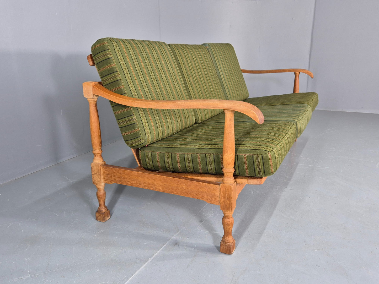 Vintage Danish 3 seater Sofa Oak Kjaenulf Green Cushions 1970s Retro  EB12775