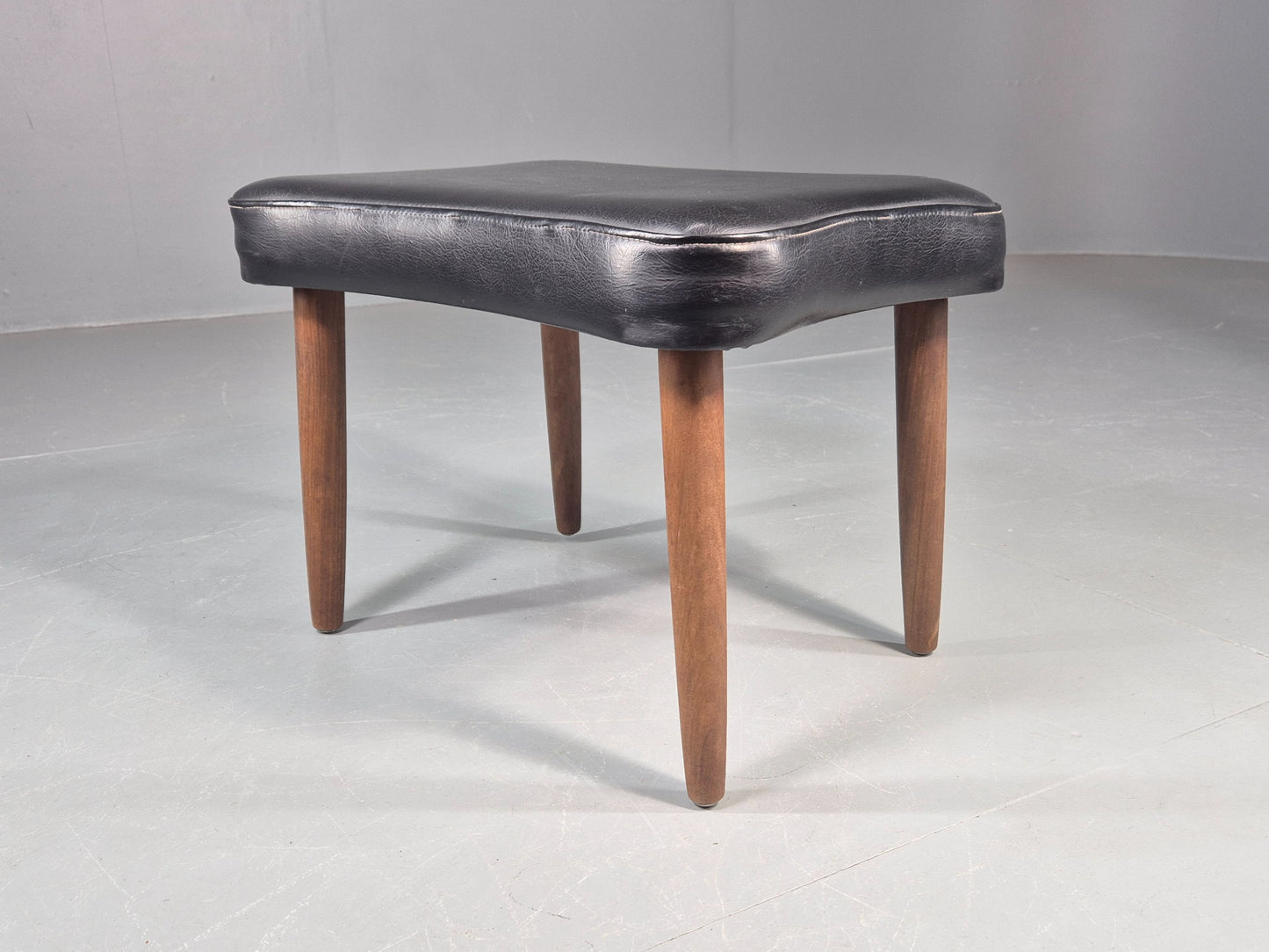 Vintage Danish Mid Century Footstool Black Vinyl Teak Legs 1960s Retro EB12153