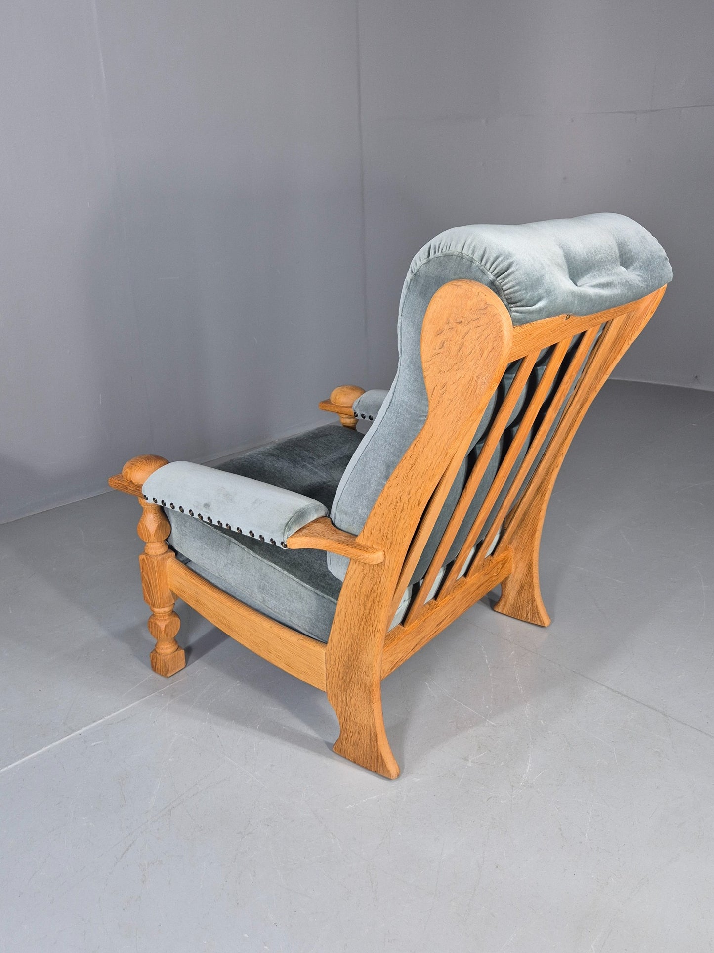 Vintage Danish 1970s Oak Lounge Chair Blue Velour Upholstery Retro EB12709