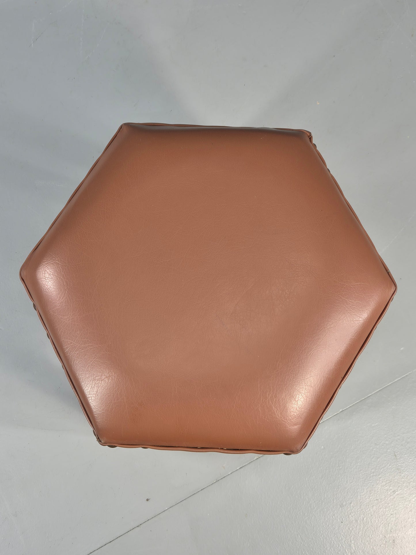 Vintage Stool Brown Vinyl Upholstery Oak Bobbin Turned Frame Hexagonal EB11306