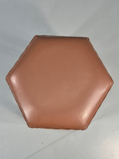 Vintage Stool Brown Vinyl Upholstery Oak Bobbin Turned Frame Hexagonal EB11306