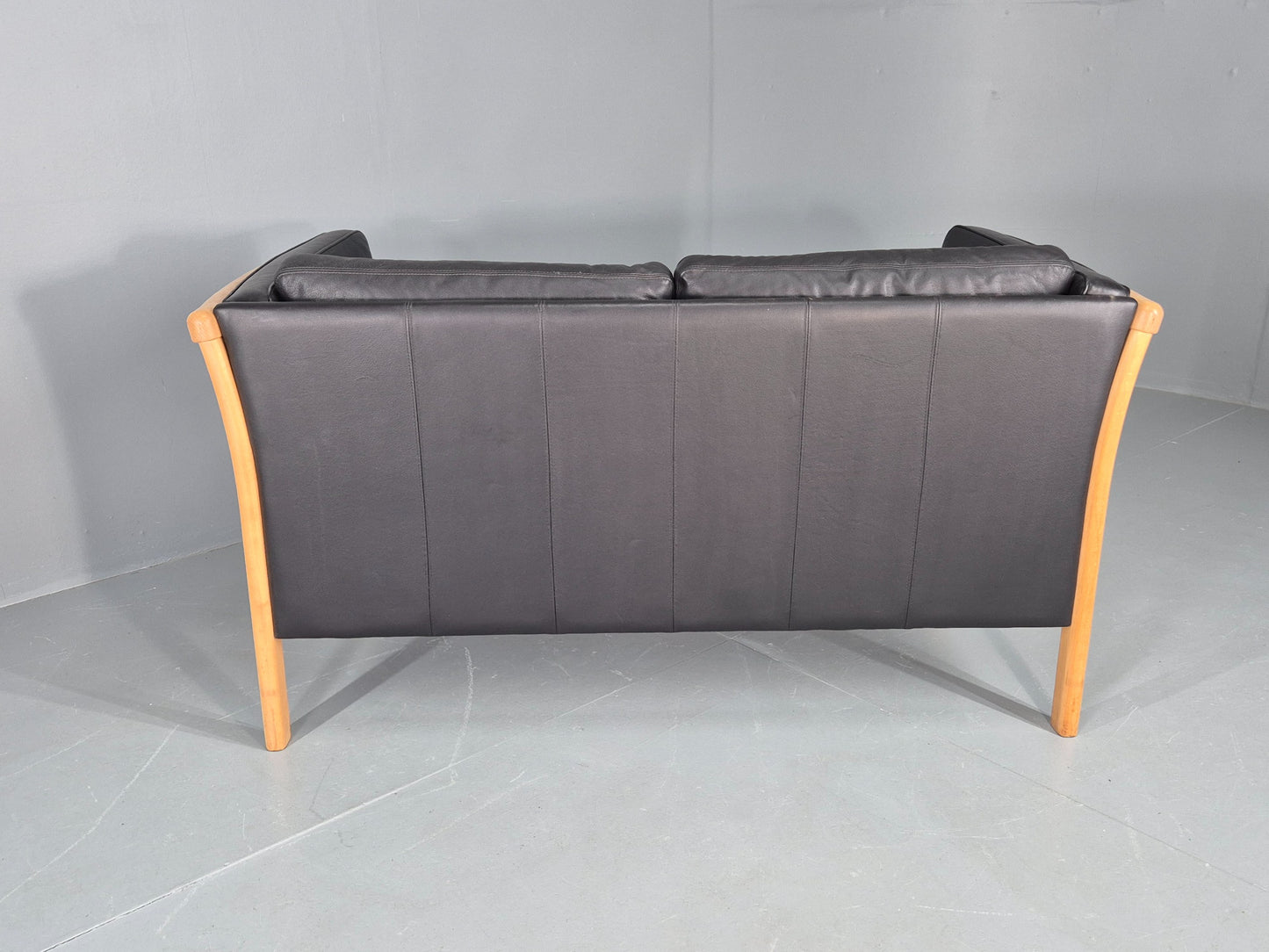 Vintage Stouby 2 Seater Sofa Beech Ends Black Leather 1990s Retro EB12421