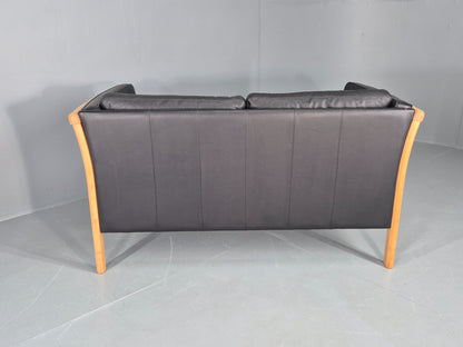 Vintage Stouby 2 Seater Sofa Beech Ends Black Leather 1990s Retro EB12421