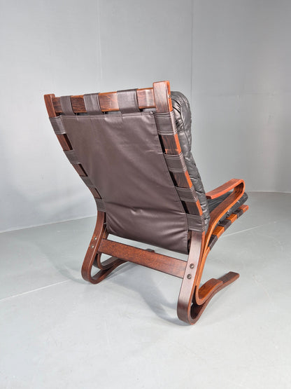 Vintage Mid Century Lounge Chair Black leather Skyline Model 1970s Retro EB12126