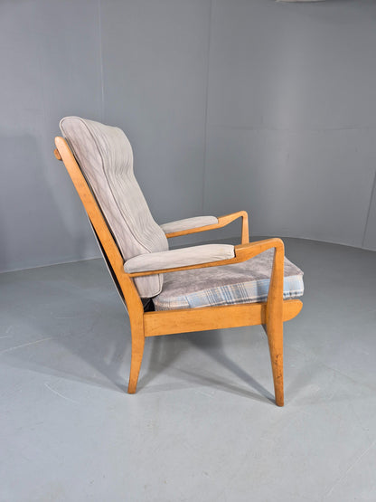 Vintage Cintique Lounge Chair Beech Frame Mid Century Retro Blue Fabric EB11947