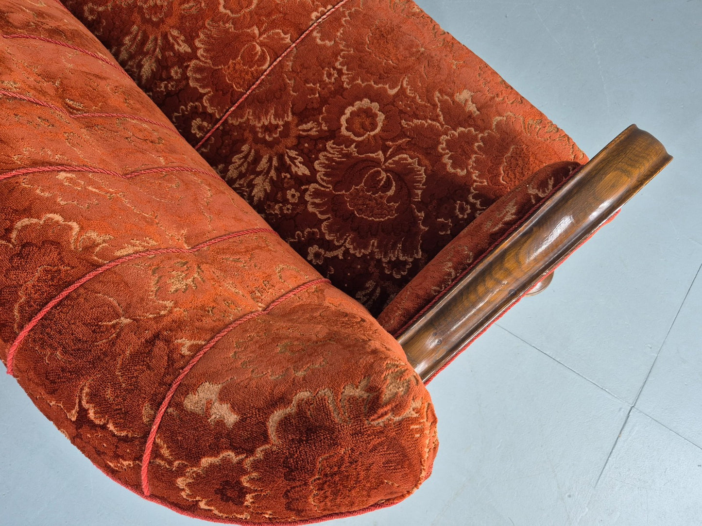 Vintage 3 Seat Sofa Danish Art Deco Era Carved Oak Frame Moquette Cloth EB12751