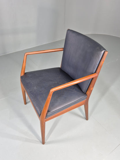 Vintage Mid Century Teak Armchair Blue Leather 1960s Retro EB11908