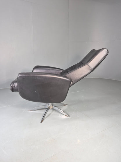 Vintage Hjort Knudsen Black Leather and Chrome Swivel Lounge Chair Retro EB13083