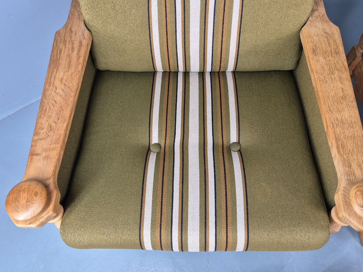 2 vintage Kjaernulf Armchairs with footstool Oak and Green Retro 1970s EB12778