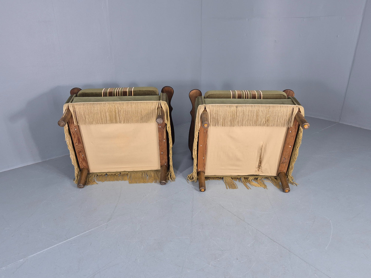 2 Vintage Danish 1970s Lounge Chairs Oak Kjaernulf Arms Green Stripe EB12686