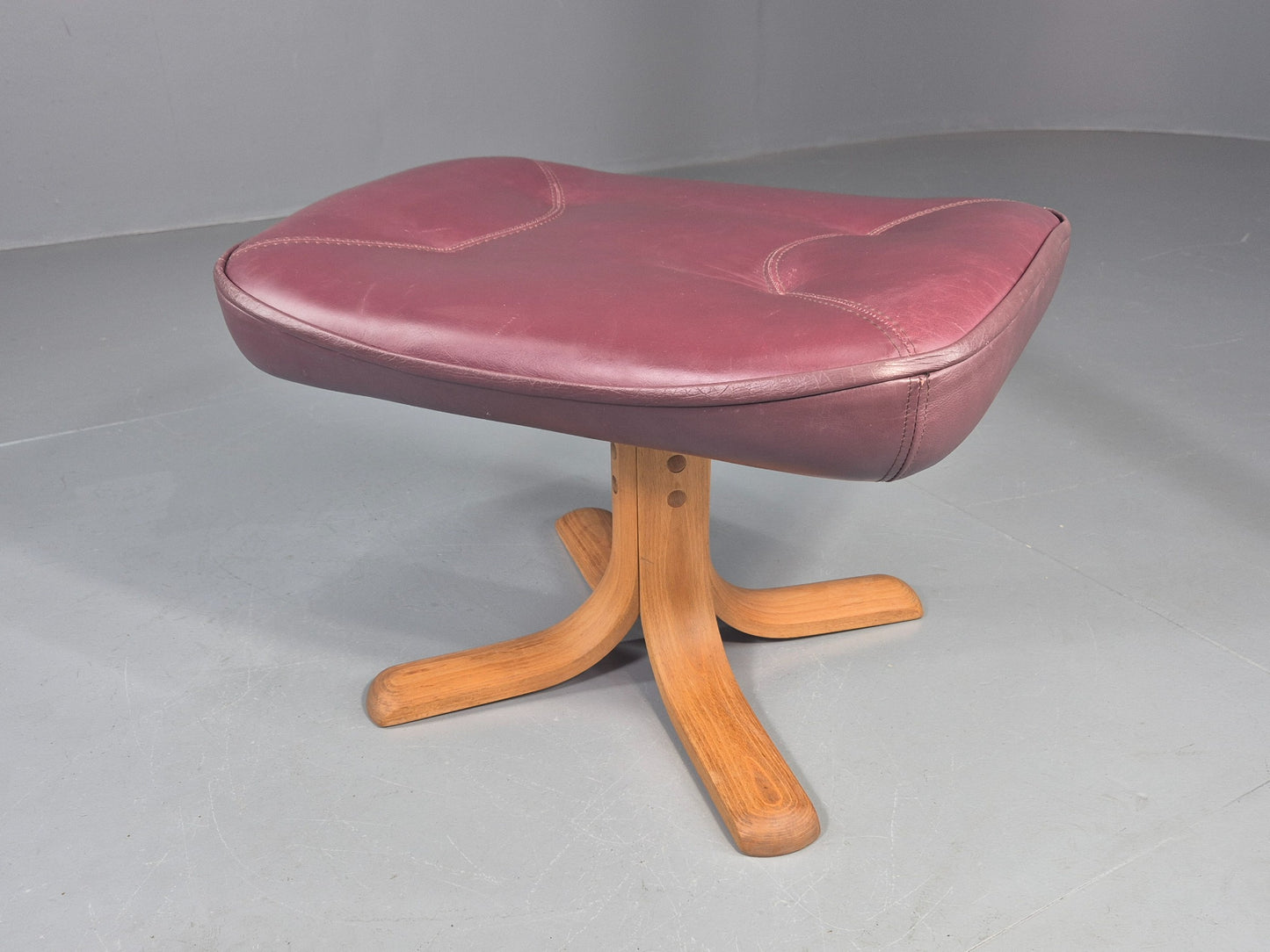 Vintage Stouby Swivel Footstool 1980s Burgundy Leather Bentwood Base EB12051