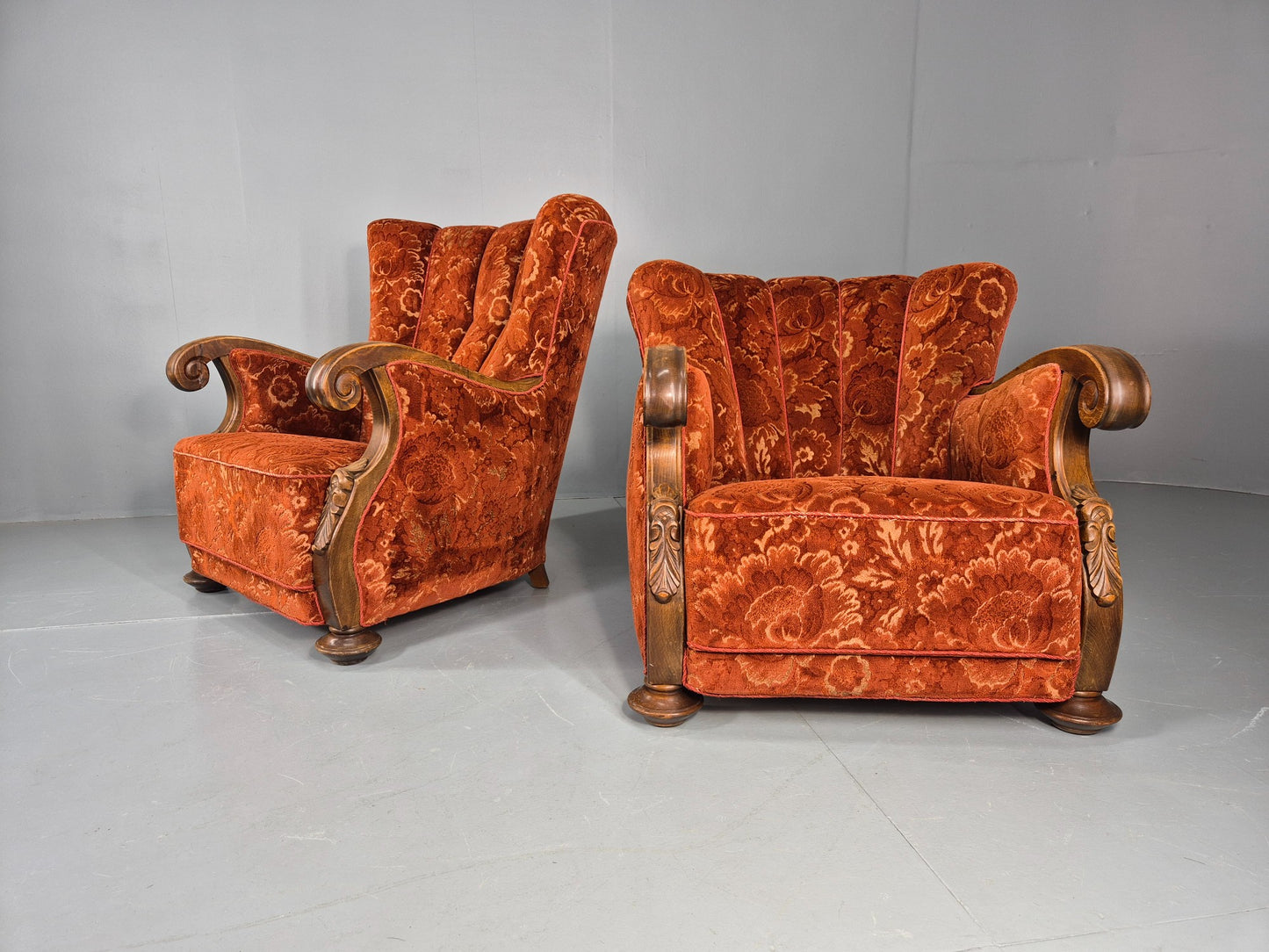 2 Vintage Danish 40s Lounge Chairs Carved Frame Cut Moquette Upholstery EB12906