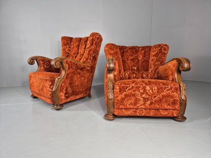 2 Vintage Danish 40s Lounge Chairs Carved Frame Cut Moquette Upholstery EB12906