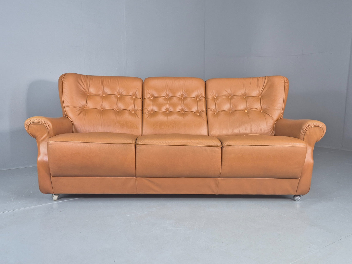 Vintage 3 Seater Sofa Tan Leather 1970s Danish Design Retro MCM EB12383