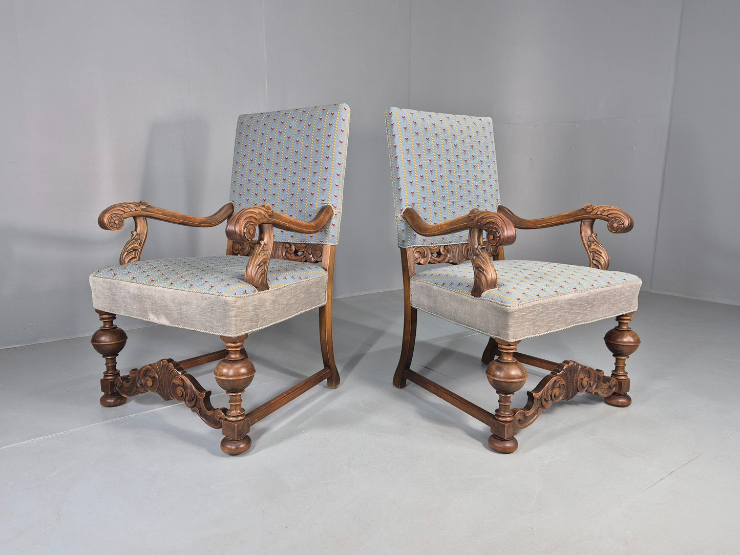 2 Vintage Danish Baroque Revival Lounge Chairs Oak Frame Tapestry Floral EB12643