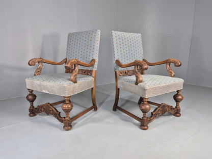 2 Vintage Danish Baroque Revival Lounge Chairs Oak Frame Tapestry Floral EB12643