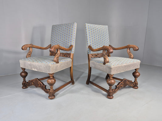 2 Vintage Danish Baroque Revival Lounge Chairs Oak Frame Tapestry Floral EB12643