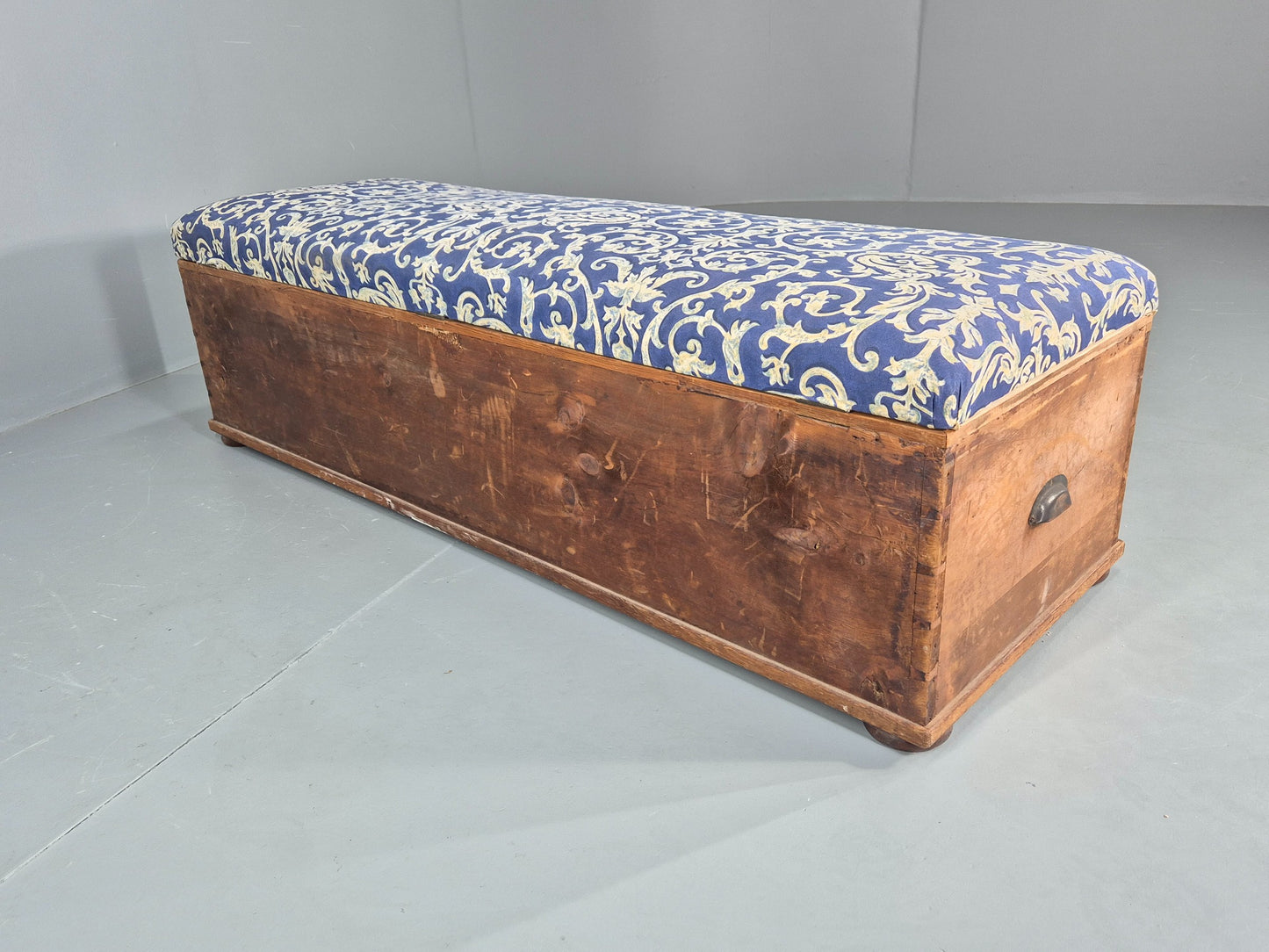 Antique Upholstered Ottoman Striped Pine and Cotton Print Window Seat EB11830
