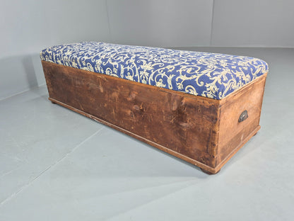 Antique Upholstered Ottoman Striped Pine and Cotton Print Window Seat EB11830