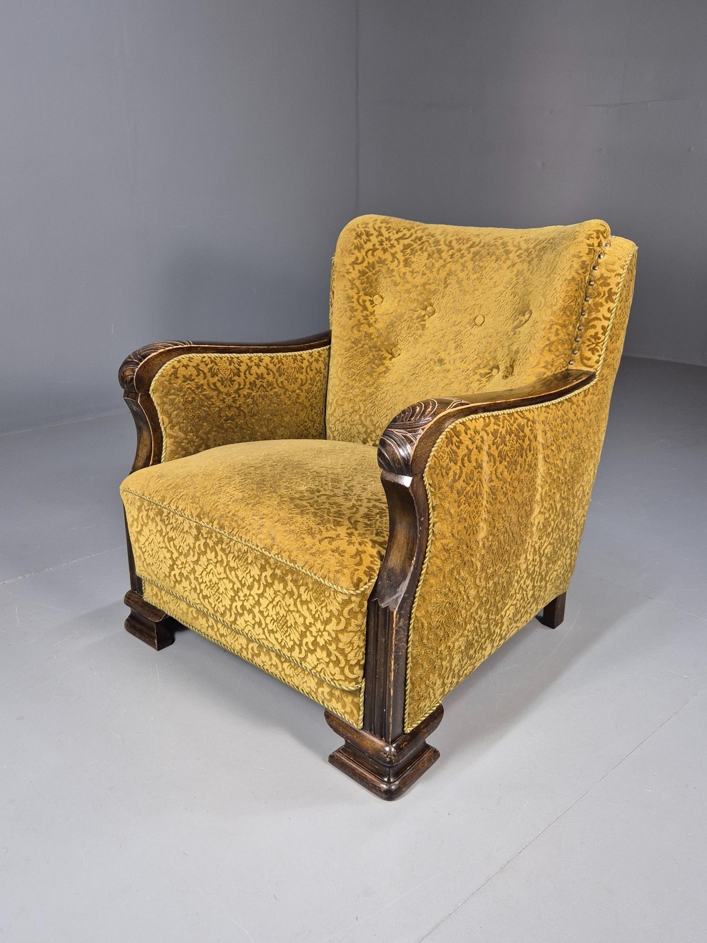 Antique Danish floral Mustard Colour Armchair 1920s Wood Frame EB08975