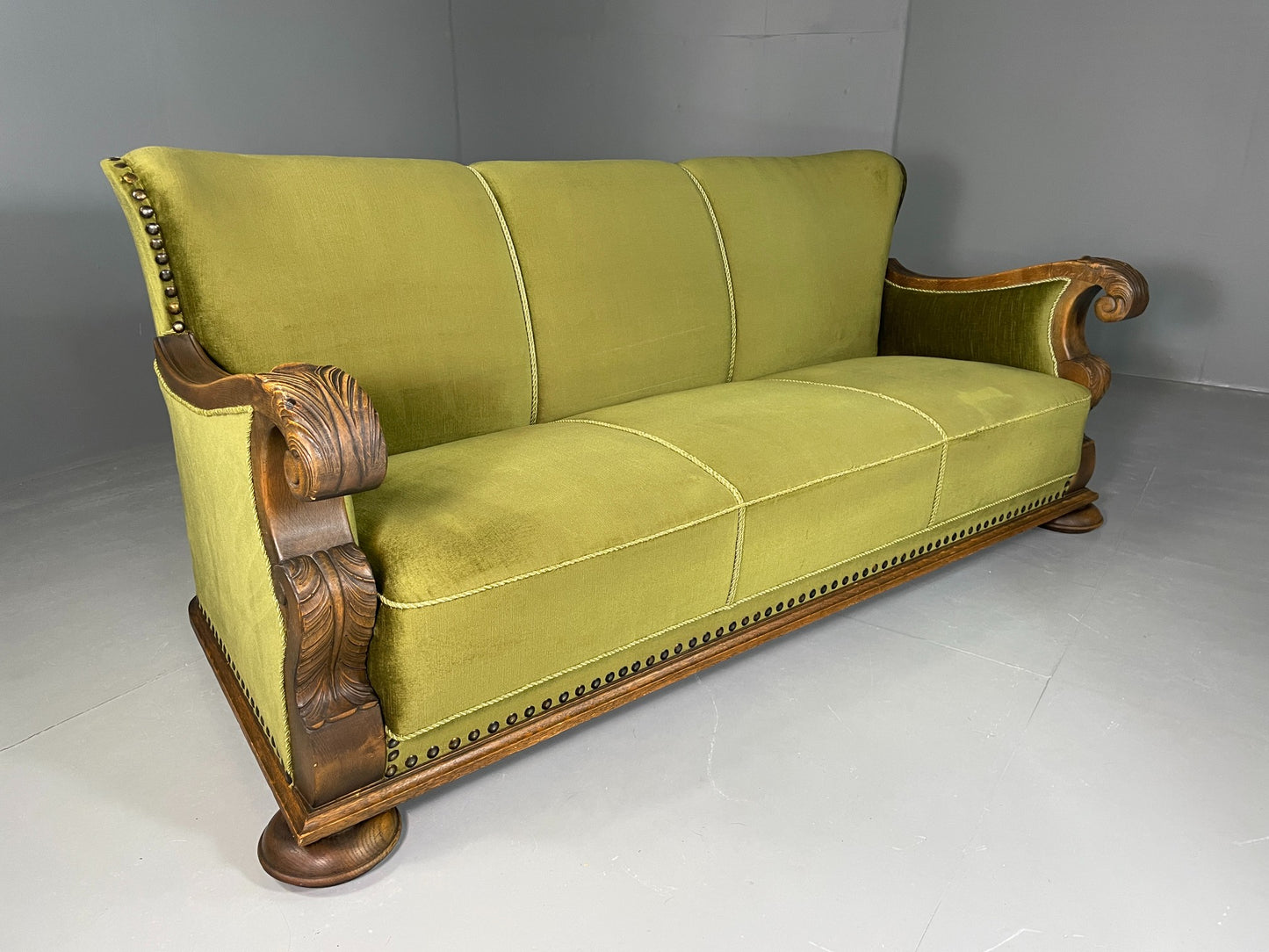 Antique 3 Seat Sofa Danish Oak Frame Green Velour 1900s EB06460