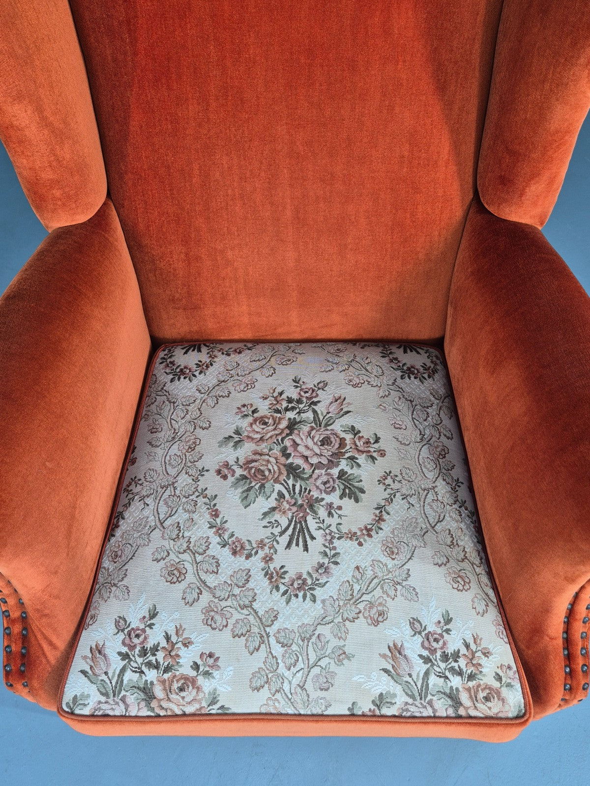 Vintage Wing Back Lounge Chair Danish 20th Century Orange Cream Tassels  EB12707