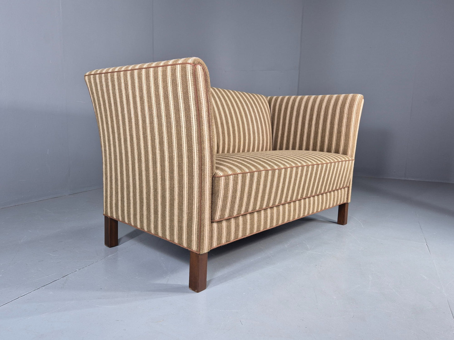 Vintage Danish Art Deco Style 2 Seater Sofa Green and Cream Wool Stripe EB12695