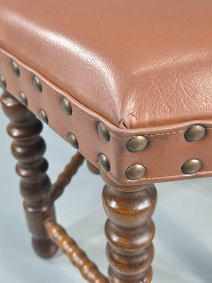 Vintage Stool Brown Vinyl Upholstery Oak Bobbin Turned Frame Hexagonal EB11306