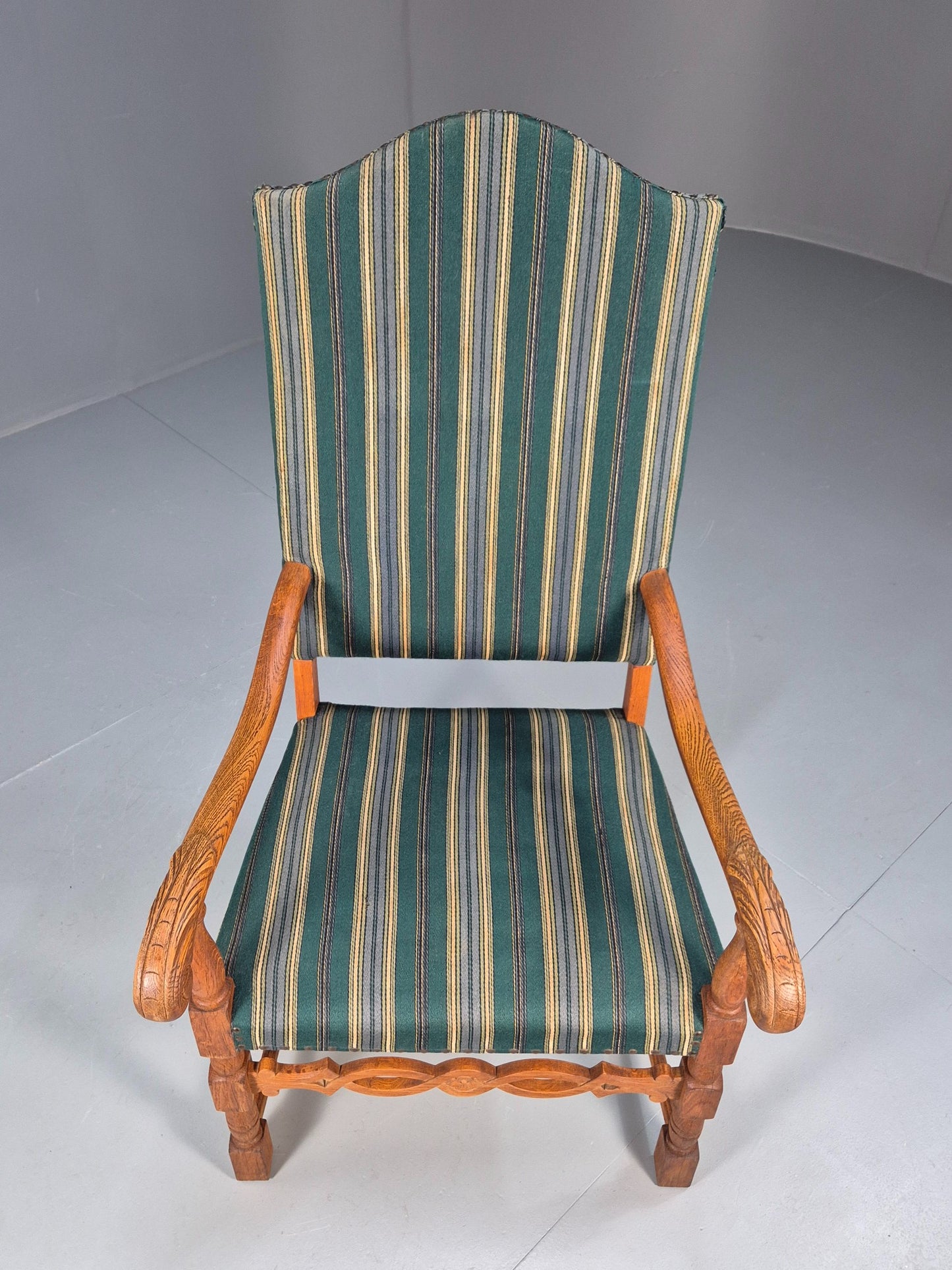 Baroque Style Throne Armchair Oak Frame Wool Stripe Upholstery EB08988