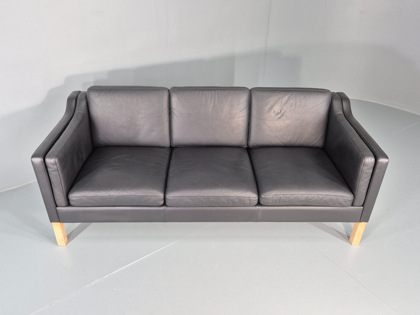 Vintage 3 Seater Sofa Danish Black Leather Mogensen Style Retro MCM 80s EB12440